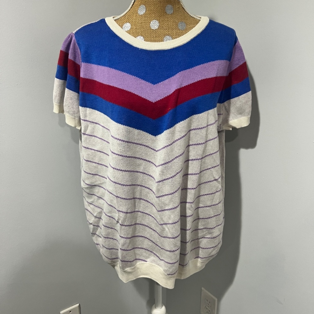Modcloth Cream Top with Blue, Purple, and Red Chevron Stripes